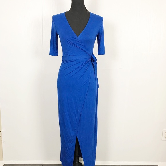 blue wrap front dress